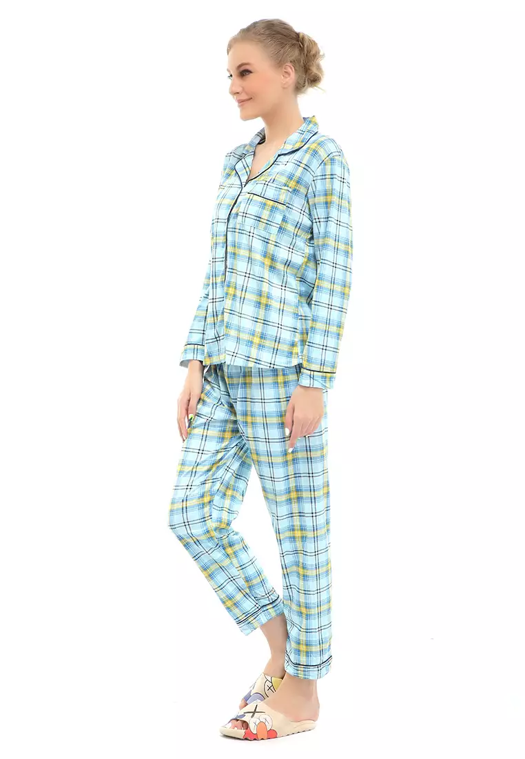 Vance Setelan Piyama Baju Tidur Wanita Lengan Panjang Motif Kotak Material Cotton ORIGINAL - Blue