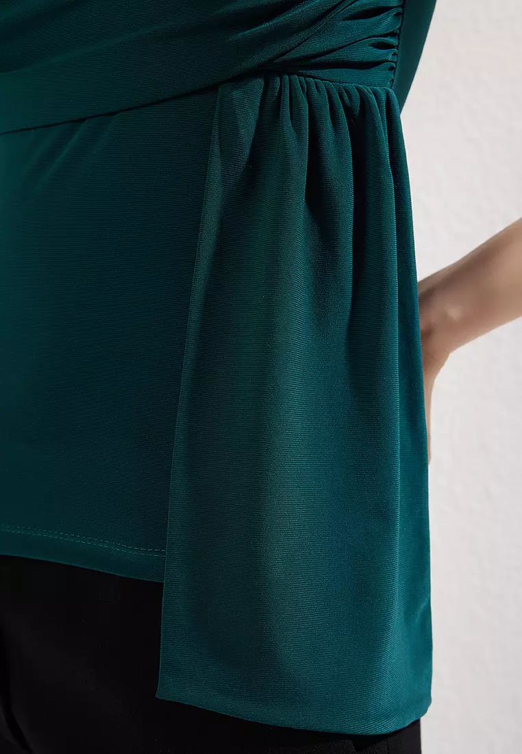 Emerald Green Single Sleeve Asymmetric Drape/Gather Detail Stretchy Knitted Blouse