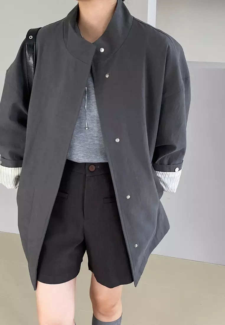 New silhouette mid-length workwear loose stand collar trench coat K091604GY