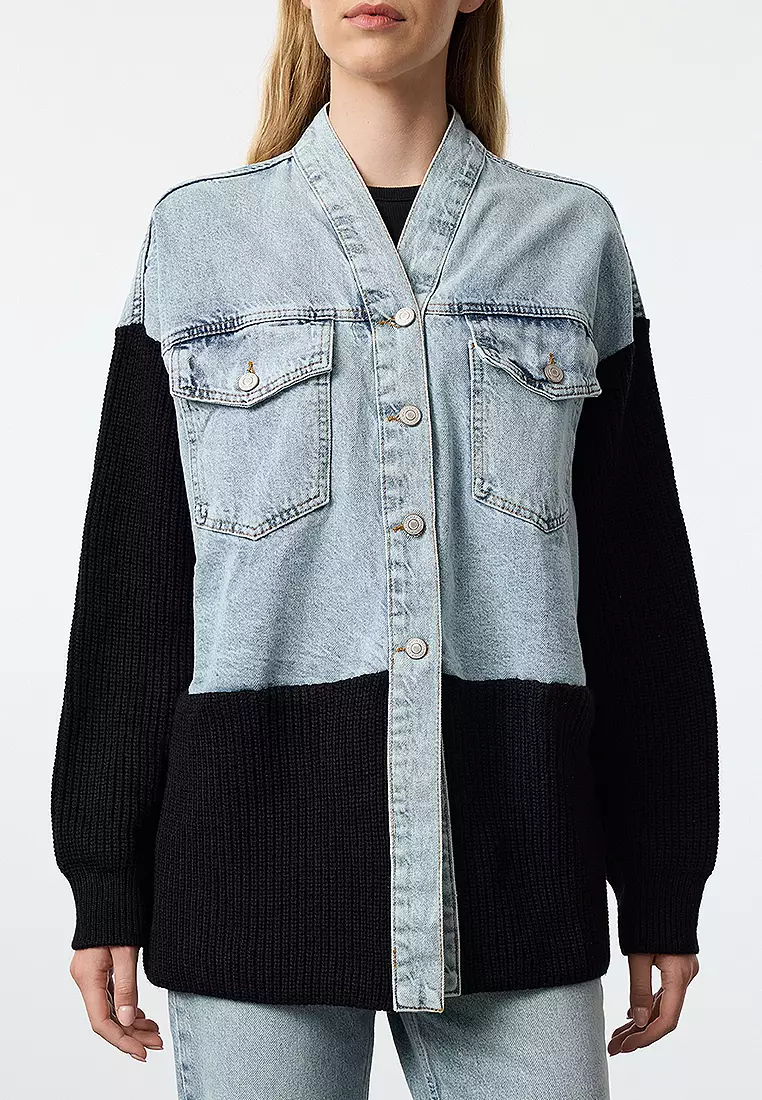 Oversized Denim Jacket with Knit Panel