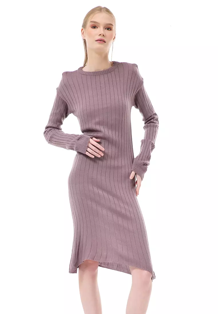 Adela Dress Rajut Tunik Wanita Motif Polos Long Sleeve Relaxed Fit - Burgundy