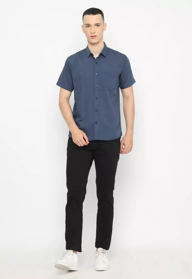 POLICE Kemeja Polos Oxford Slub Navy Regular Fit Pria