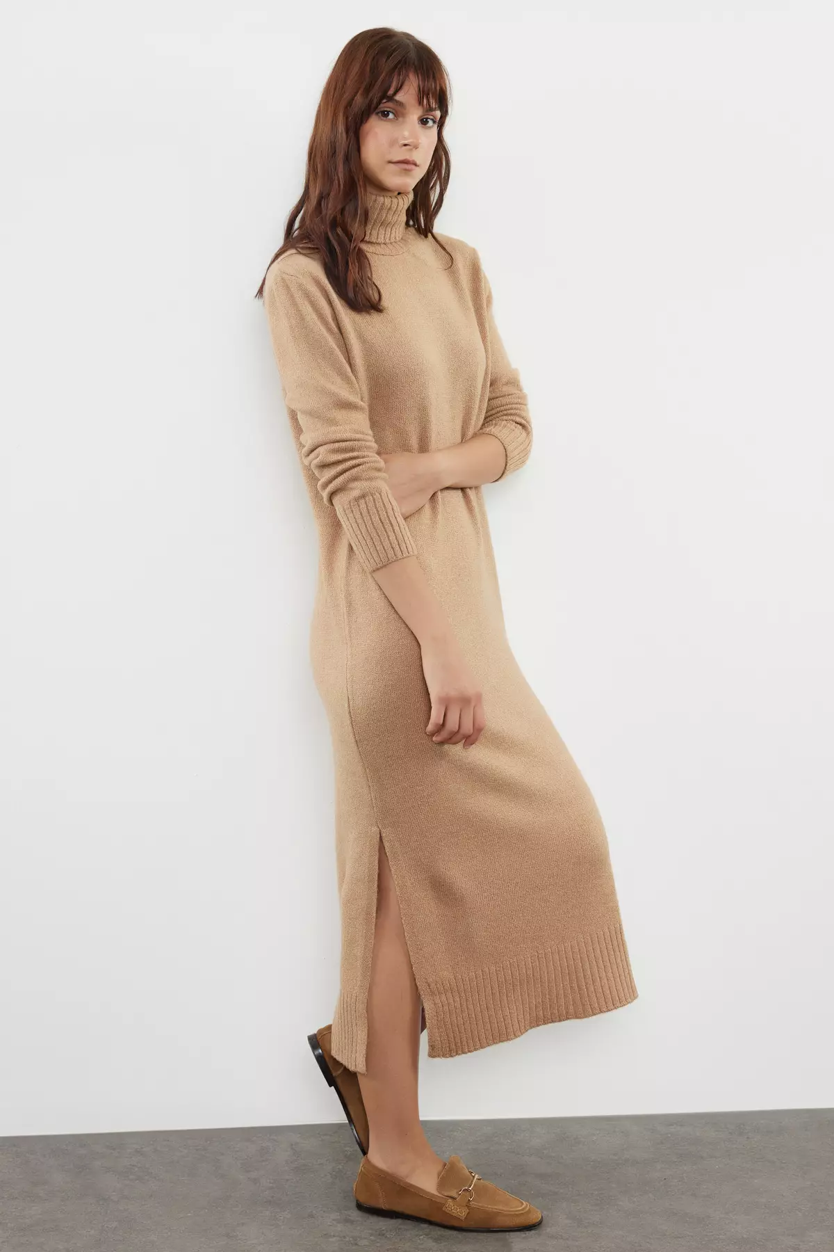 Camel Midi Wide Fit Soft Texture Knitwear Dress