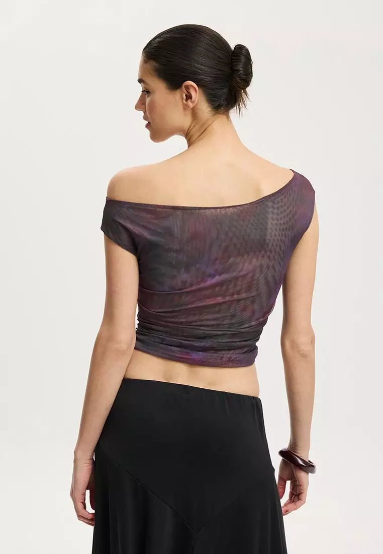 Gathered Mesh Off Shoulder Top