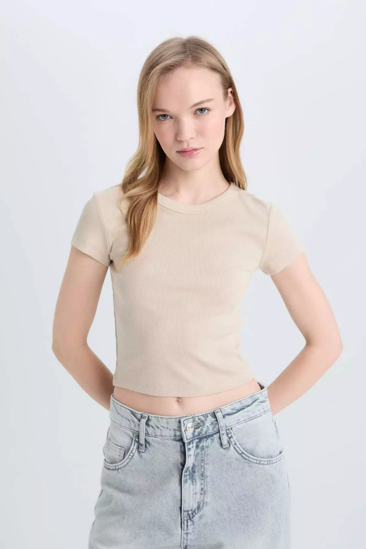 Coool Fitted Basic Plain Ribbed Camisole Short Sleeve T-Shirt E0287Ax25Sm