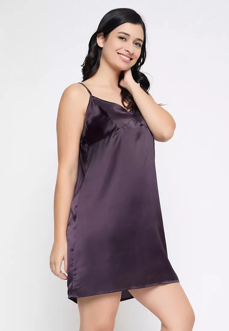 Clovia Chic Basic Short Night Dress & Floral Print Robe in Dark Purple - Satin