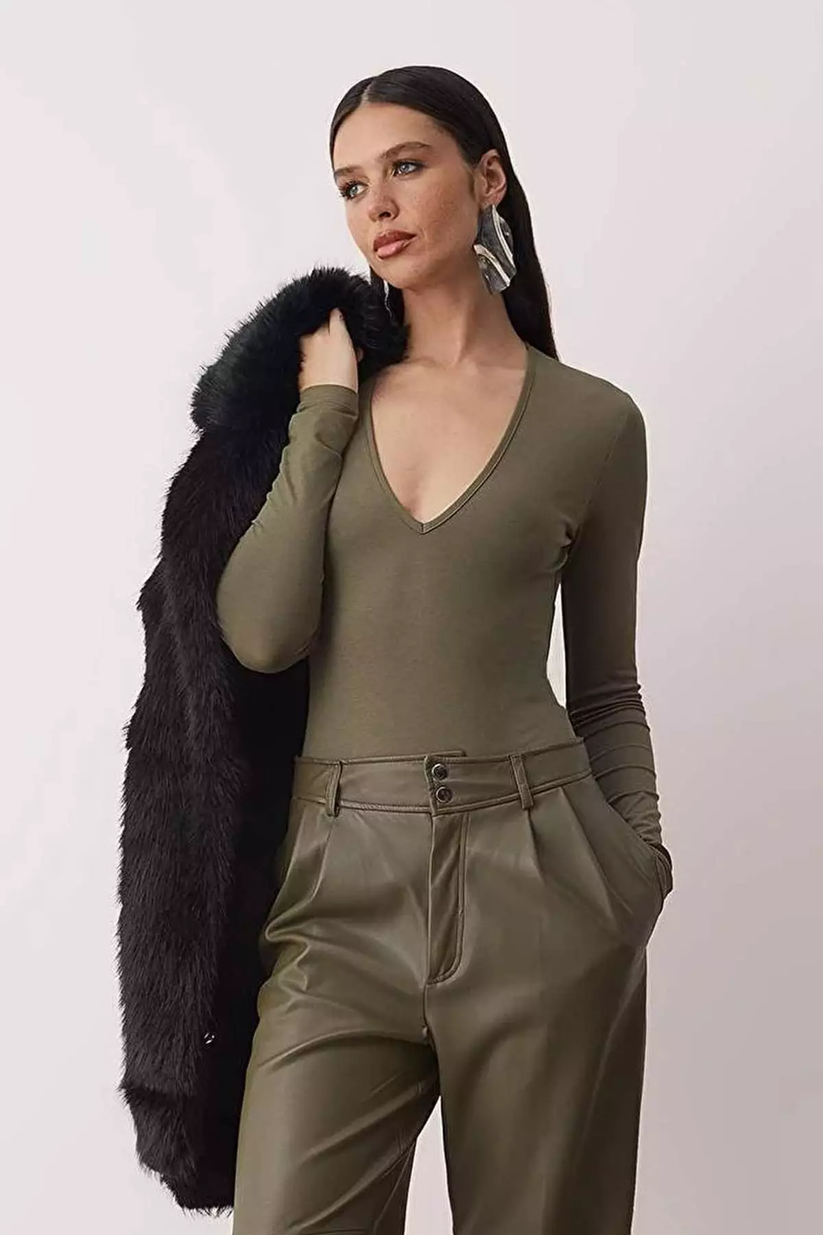 Khaki Deep V-Neck Snap Fastener Knitted Bodysuit Tpraw22Bd84