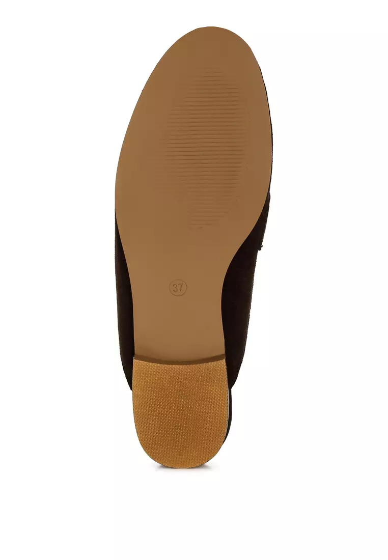 Rhinestone Strap Suede Mules in Brown