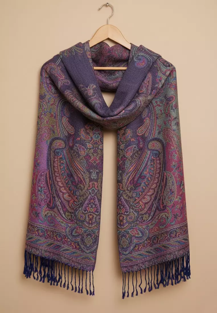 Aksesoris Wanita Reversible Viscose Full Paisley Pattern Pashmina Shawl Syal Wanita Twilight Magenta