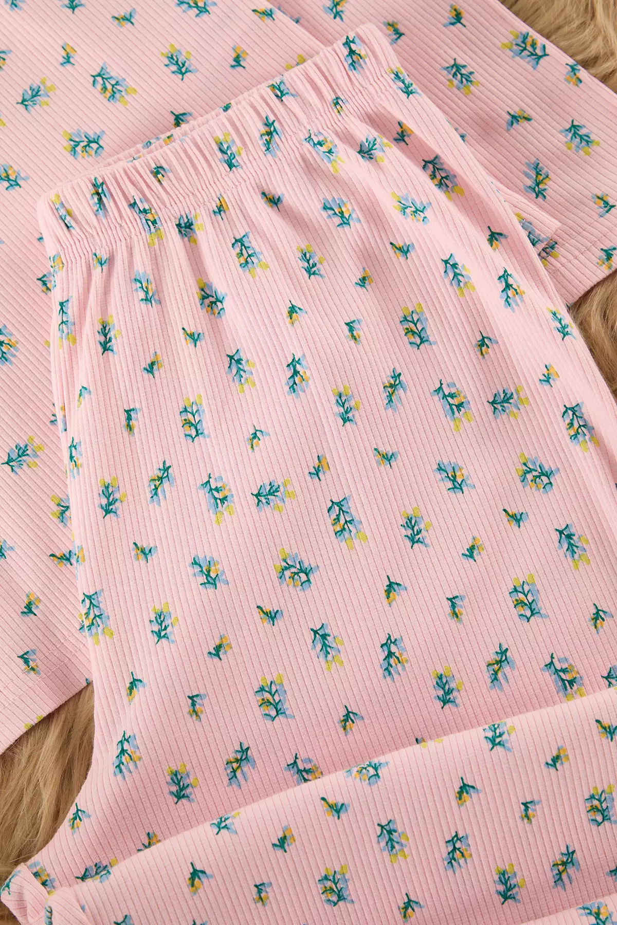 Pink Soft Touch Cotton Floral Ribbed Knitted Pajama Set