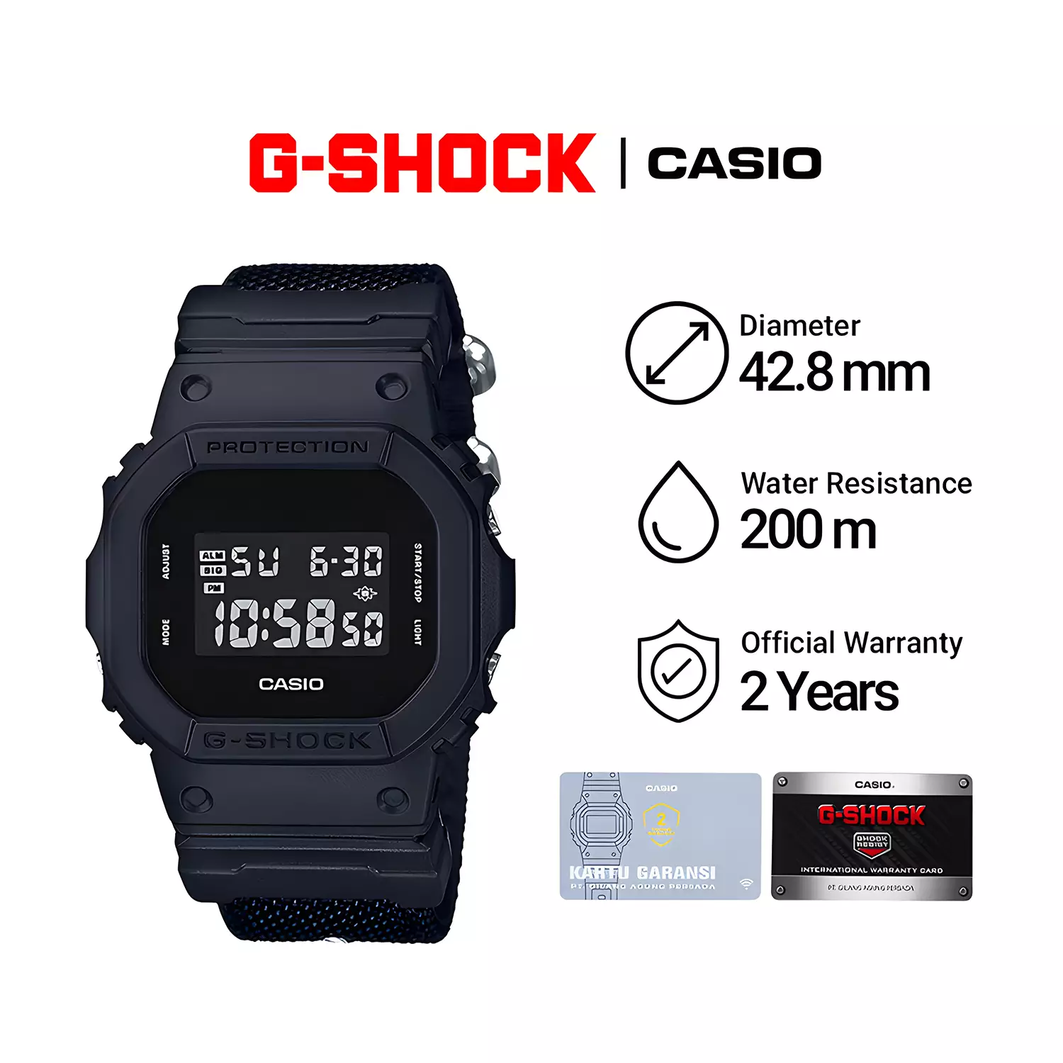 G-Shock DW-5600BBN-1D - Jam Tangan Digital Pria - Resin Case - Black Nylon Strap