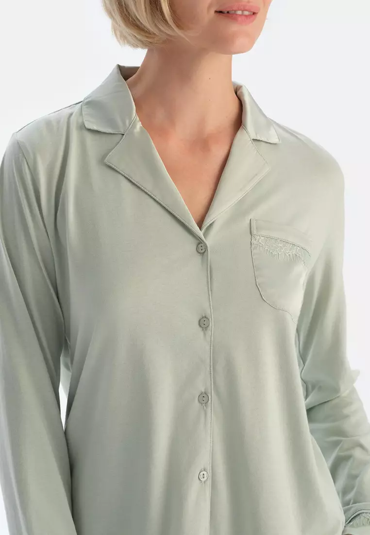 Mint Green Shirt & Trousers, Shirt Collar, Regular Fit, Long Sleeve Sleepwear for Women