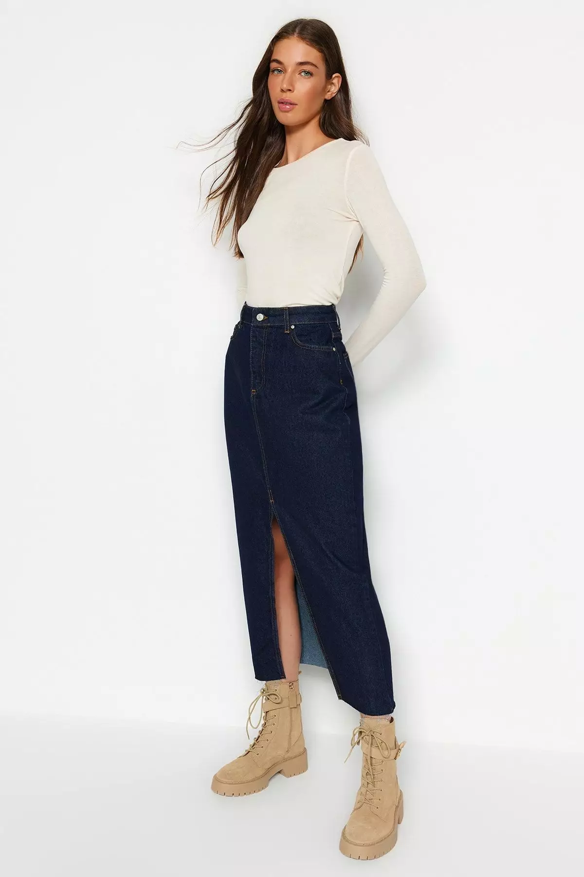 Dark Blue More Sustainable Slit Maxi Denim Skirt TWOSS23ET00290