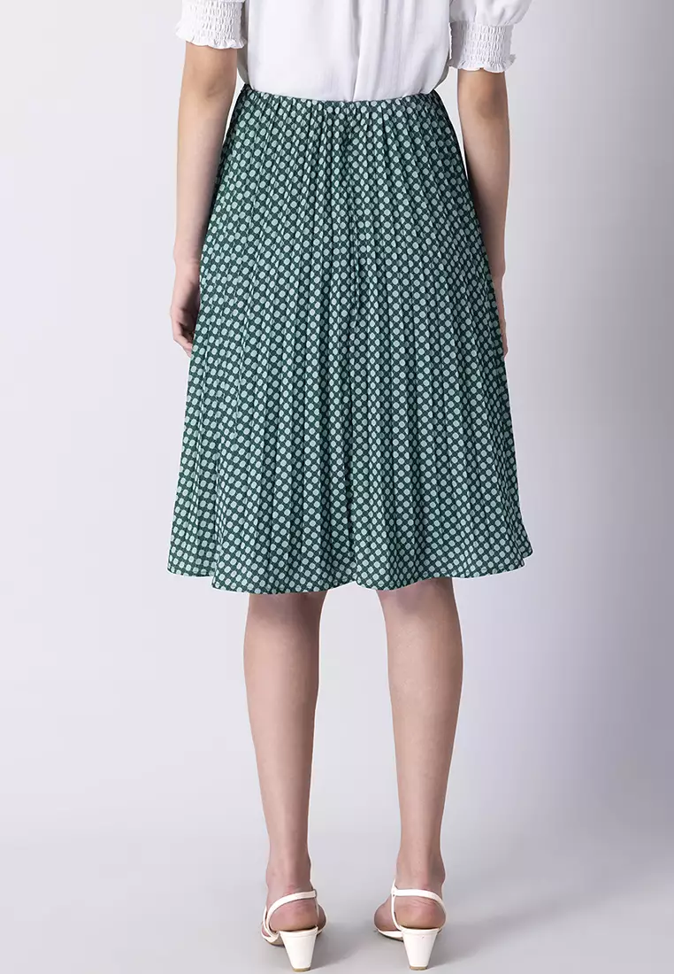 Green Pleated Satin Abstract Midi Skirt