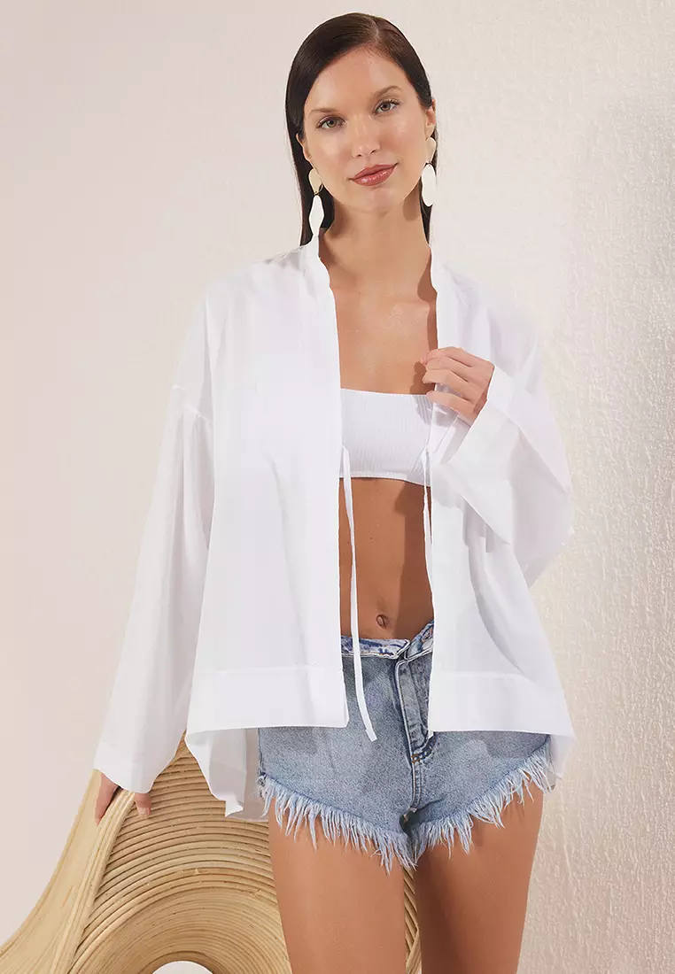 Ecru Woven 100% Cotton Beach Shirt Tbess25Go00026