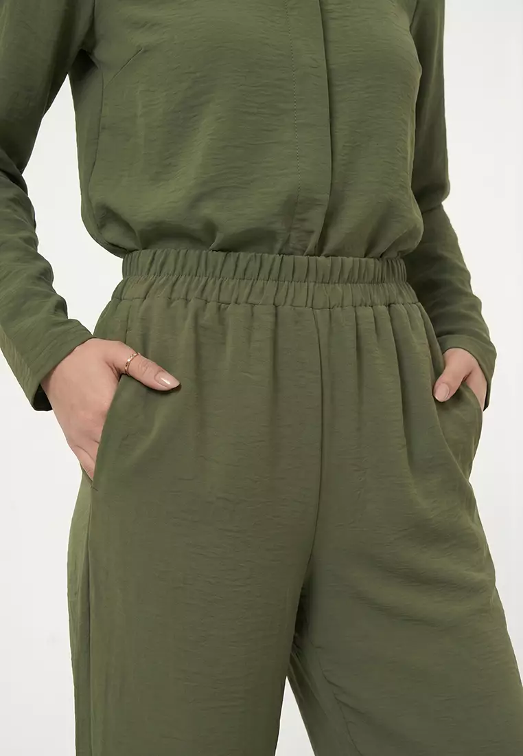 Khaki Waist Tie Detailed Aerobin Shirt-Pants Woven Bottom-Top Set TCTSS25US00034