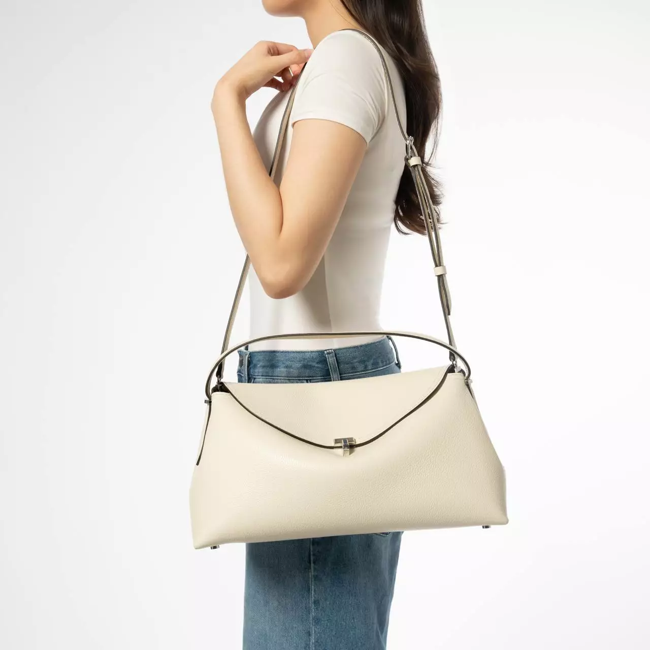 T-Lock Grained Leather Top Handle Bag White Milk