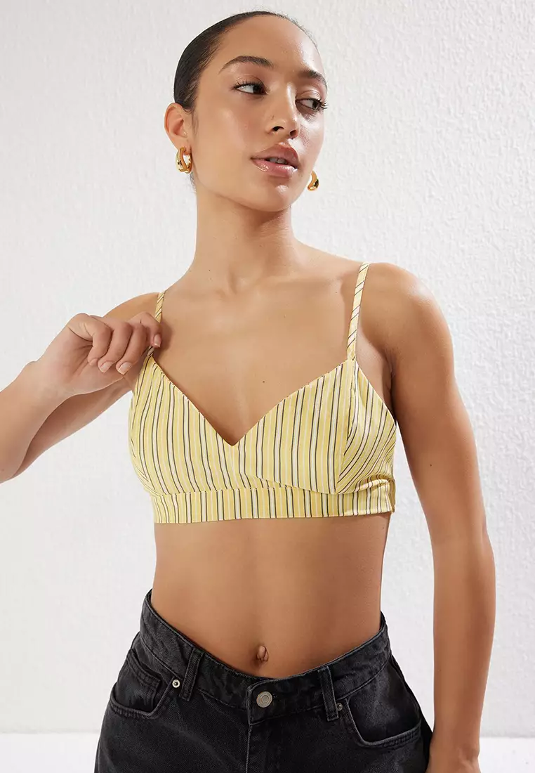 Striped Oversize Bustier in Yellow Wide Pattern Woven Shirt TWOSS25GO00076