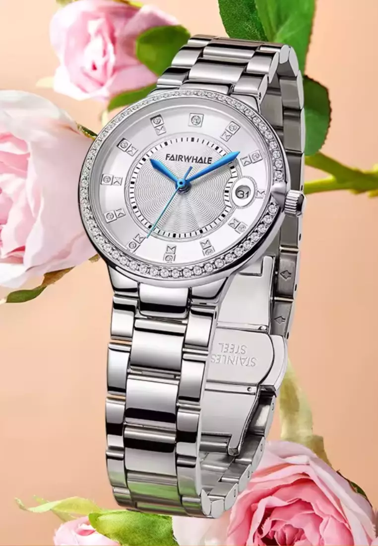 Ladies Stainless Steel Quartz Watch, 32mm, Bezel Paved with Crystals, Stainless Steel Bracelet