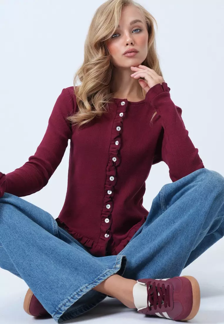 Women's Burgundy Crew Neck Ruffle Detailed Buttoned Front Knitted Blouse Alc-X14533