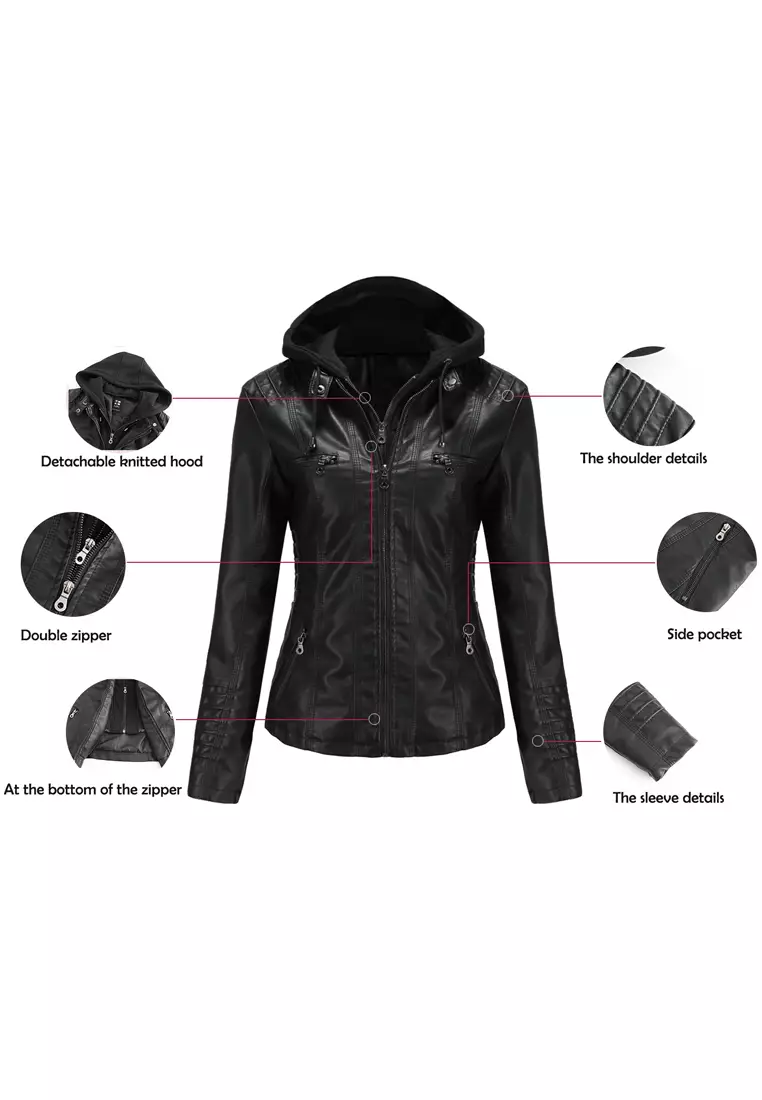 Detachable Knitted Hooded Faux Leather Jacket‌‌ AD-6699