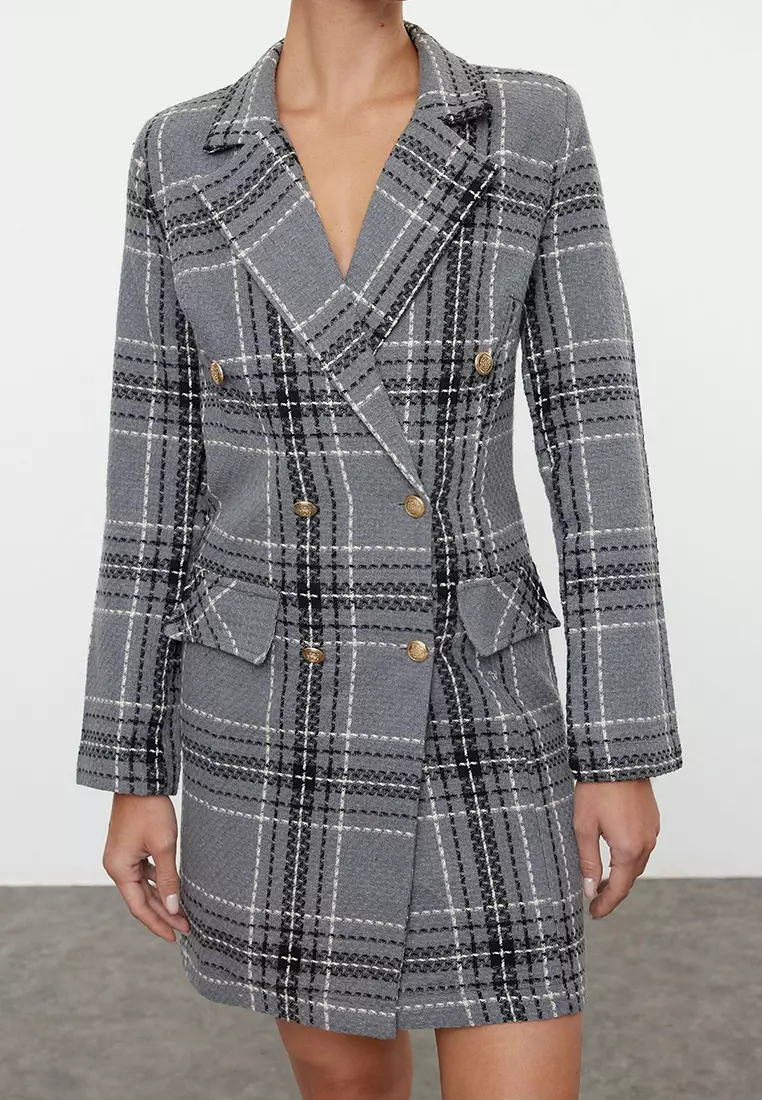 Gray Plaid / Checkered Woven Winter Jacket Dress TWOAW23EL00475