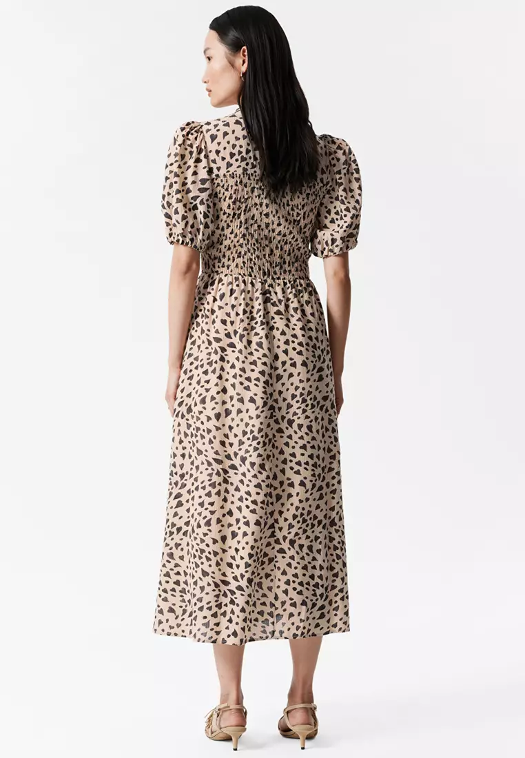 Smocked Puff-Sleeve Midi Dress