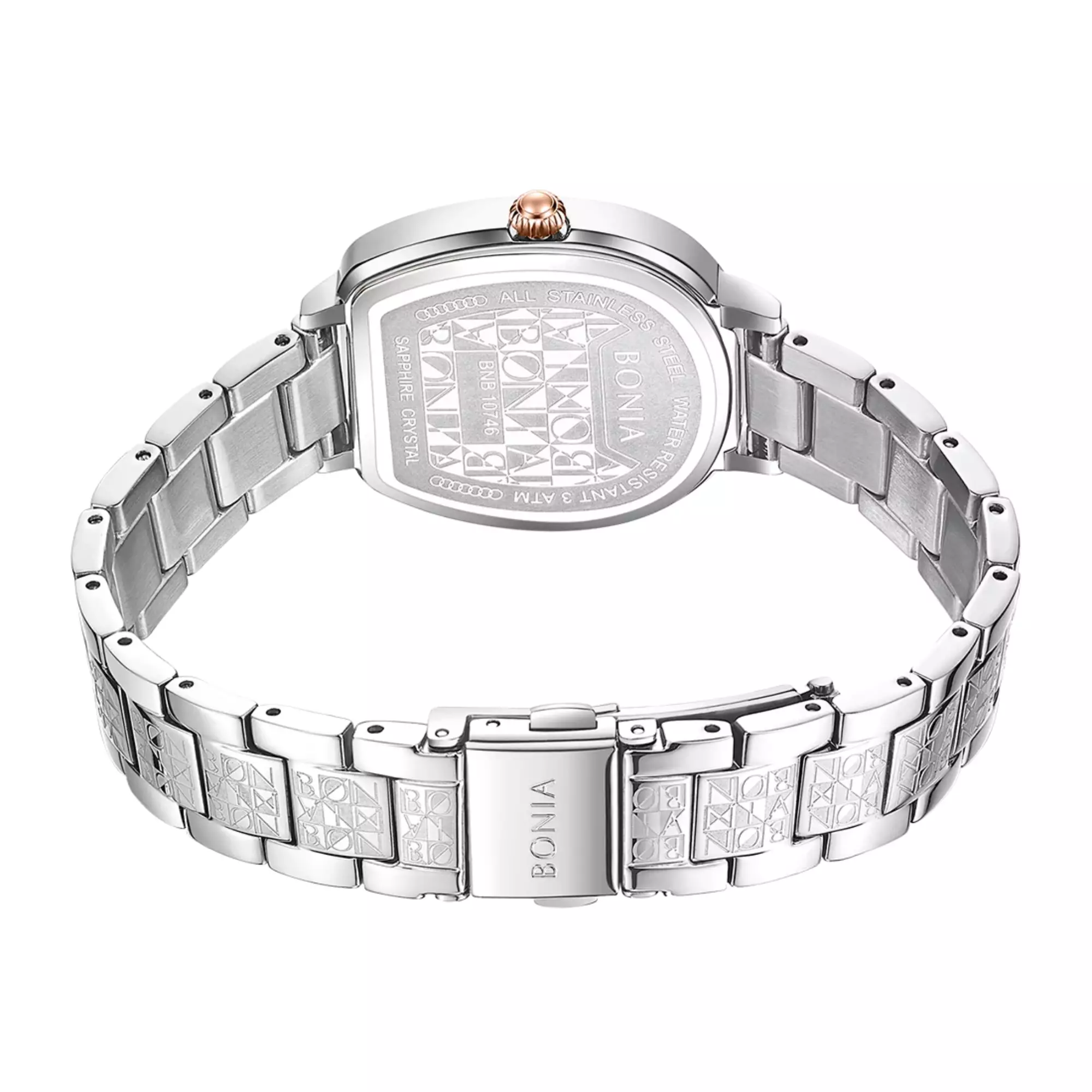 Jam Tangan Wanita Bonia Sonia Pink Monogram Dial Stainless Steel Strap Analog B10746-2375 Original