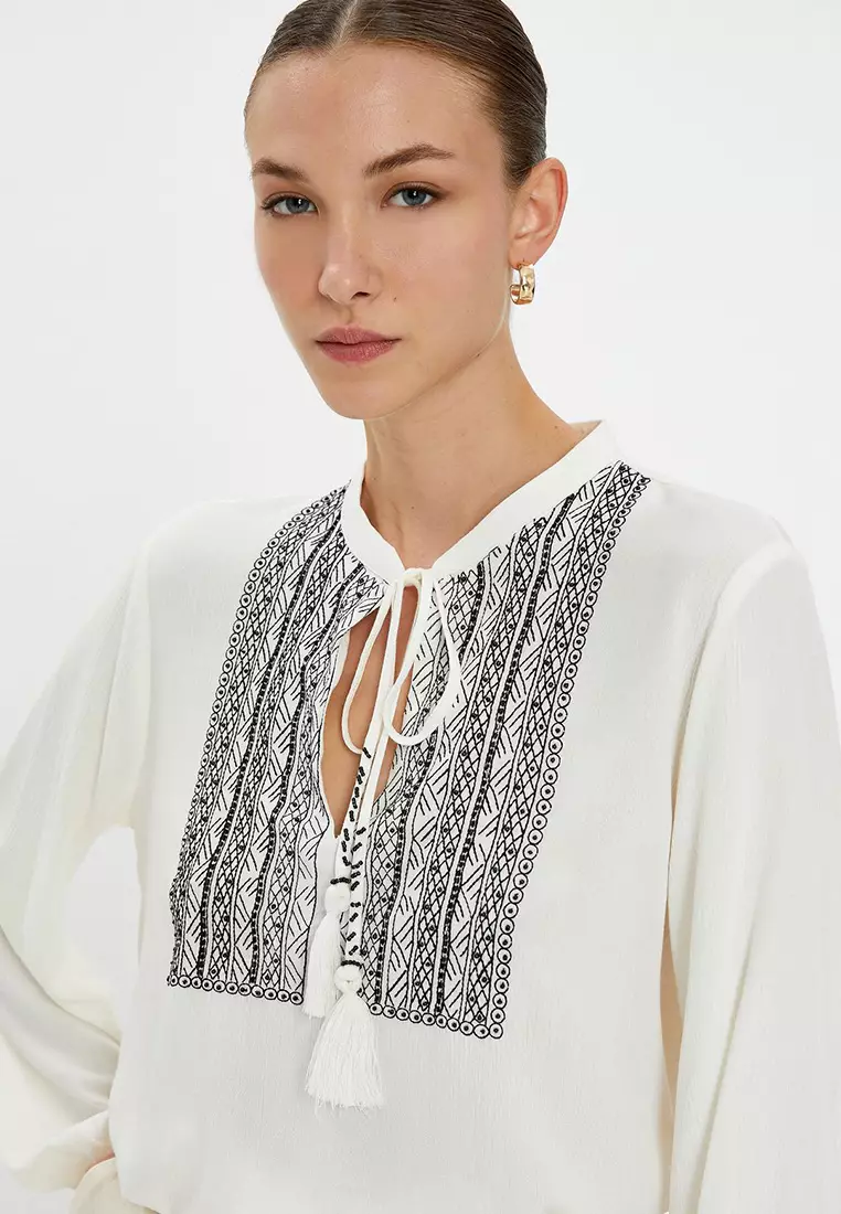 Bohemian Blouse with Embroidery Detail Long Sleeve
