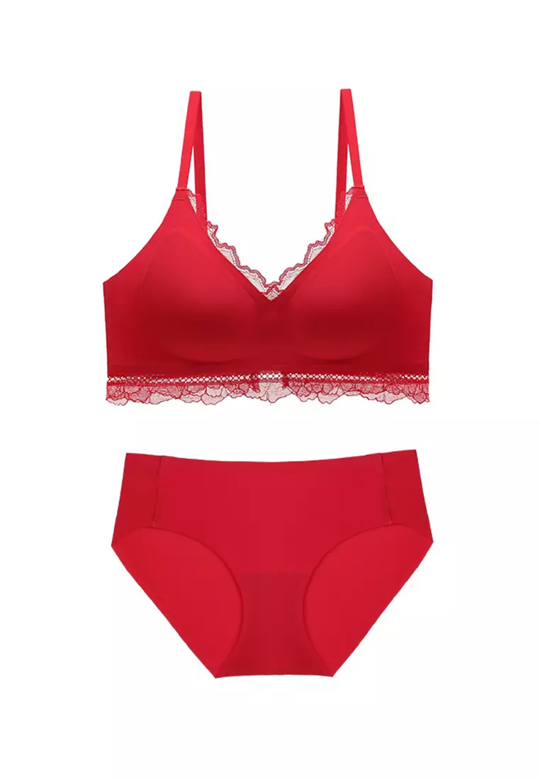 Buy ZITIQUE Women's Plain Seamless Lace-trimmed Lingerie Set (Bra and  Underwear) - Red Online