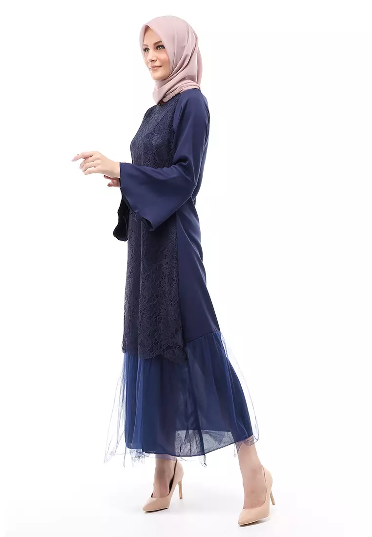 Regita Gamis Brukat Muslimah Wanita Long Dress Regular Fit - Navy