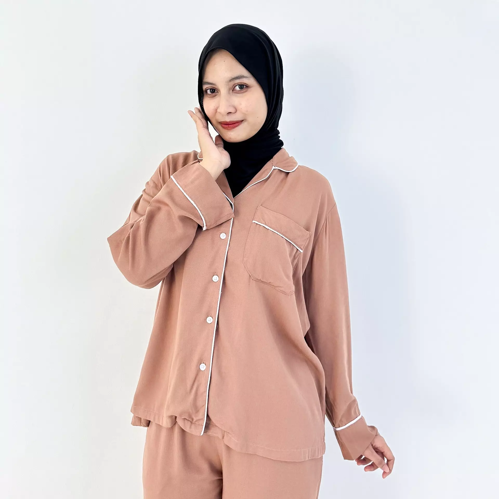Pyjama Cotton Basic [COKLAT] SIZE M-XXL Baju Tidur Long Sleeve Long Pants Sleepwear
