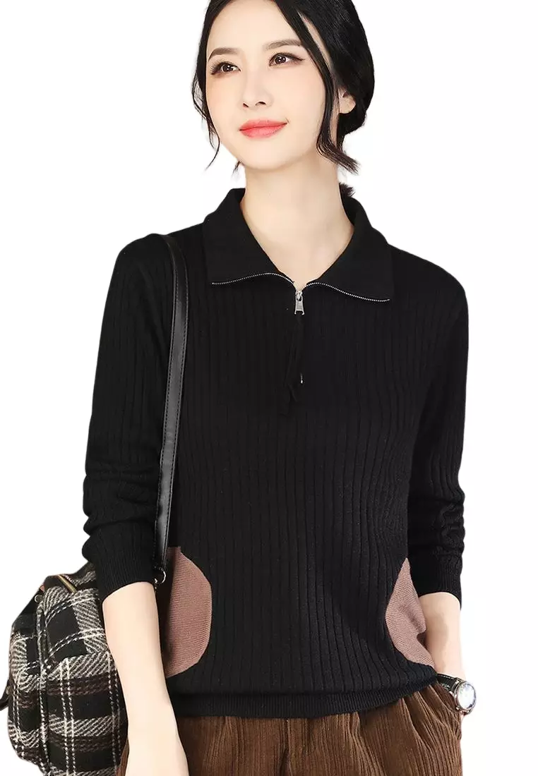Stylish Zip-Neck Long-Sleeve Knitted Sweater