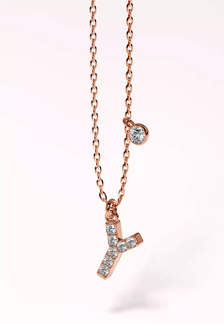 Solid 925 Sterling Silver Initial Crystal Personalised Alphabet Letter Necklace Rose Gold Filled - Y