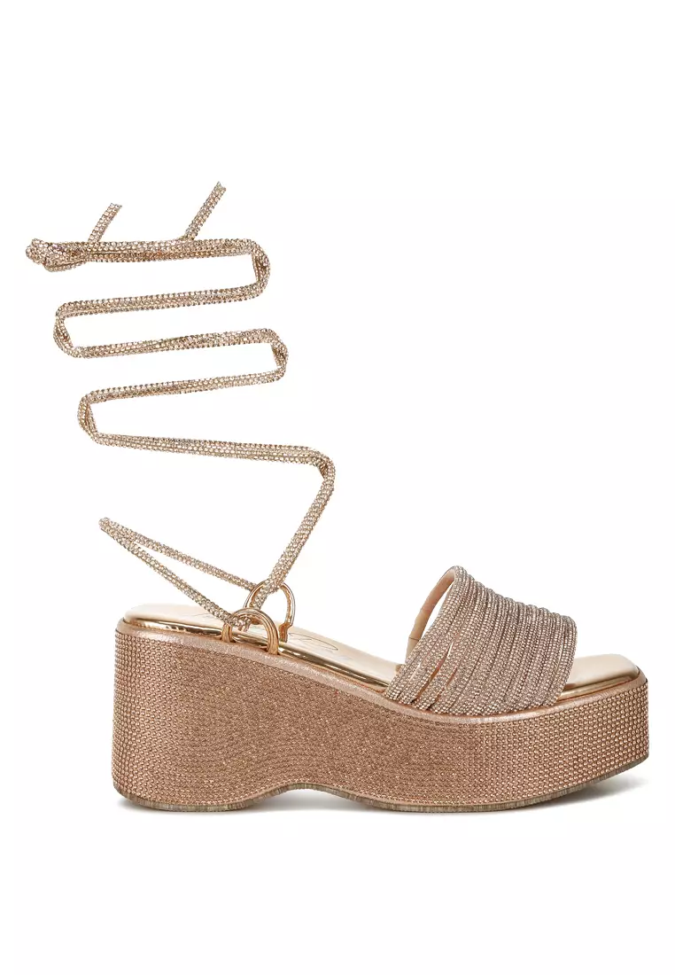 Discount on London Rag  shoes - SKU: Rose Gold Rhinestone Embellished Lace-Up Sandals