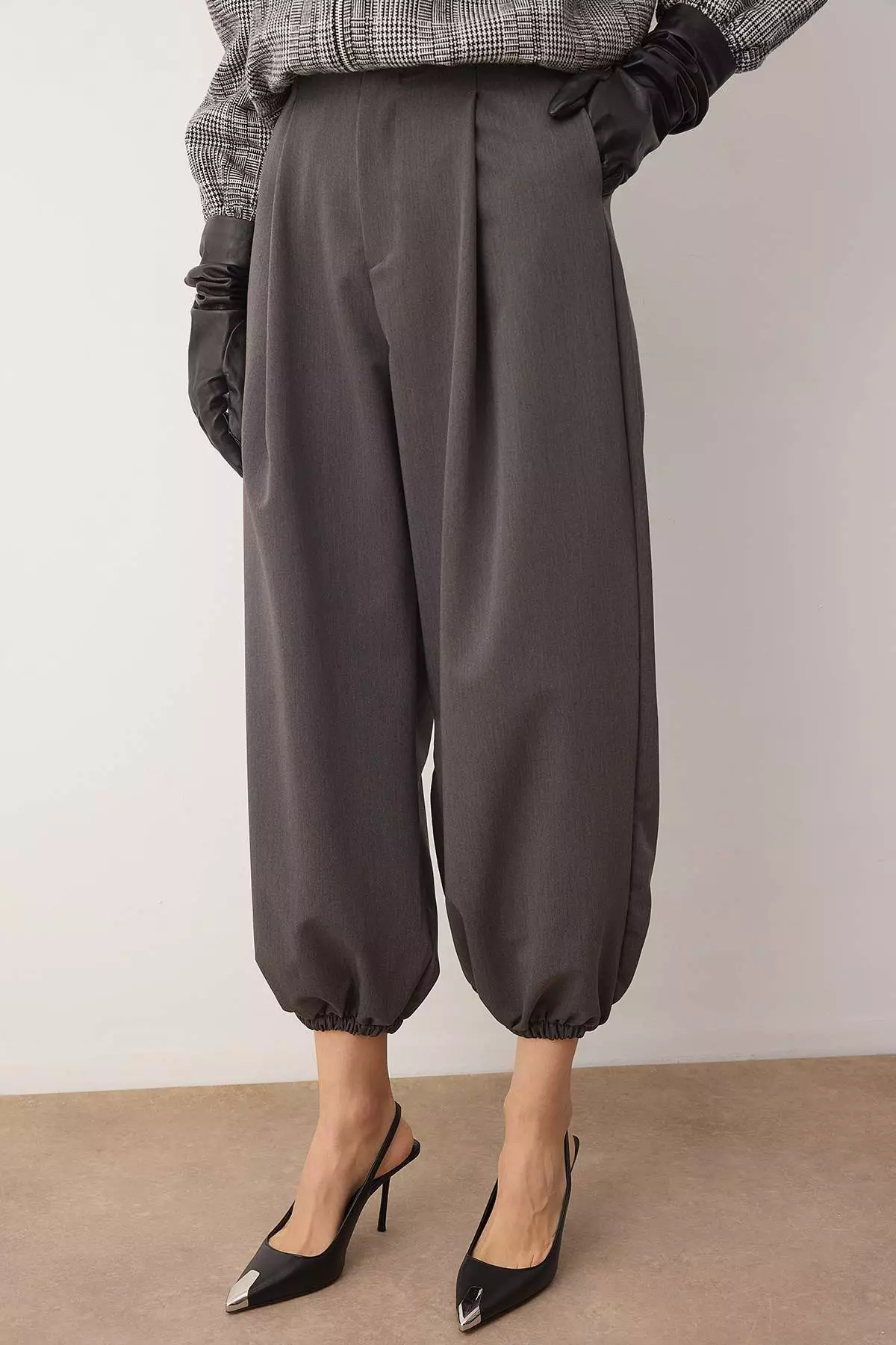 Gray High Waist Woven Baggy Trousers Twoaw26Pl169