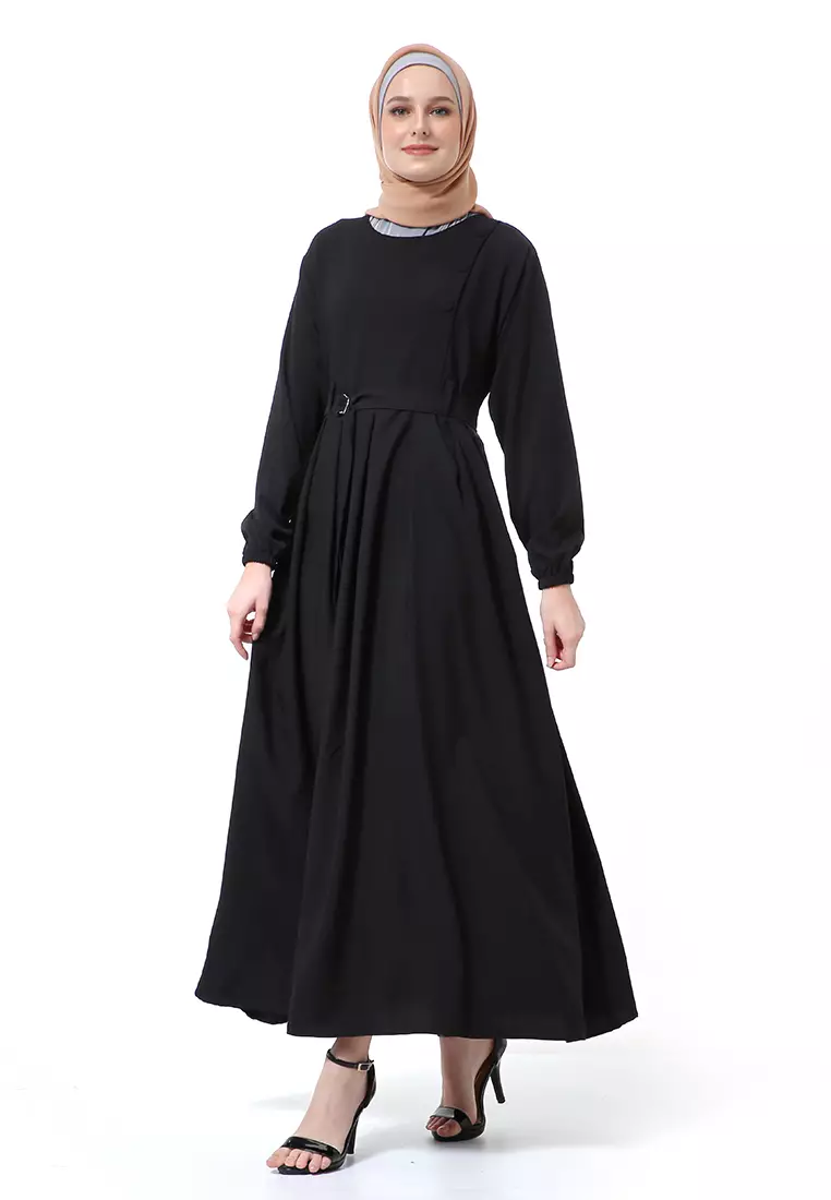 Nelly Gamis Dress Muslimah Wanita Long Sleeve Premium High Quality - Hitam