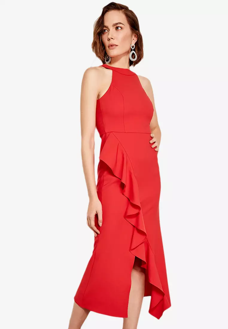 Red ruffle 2025 midi dress