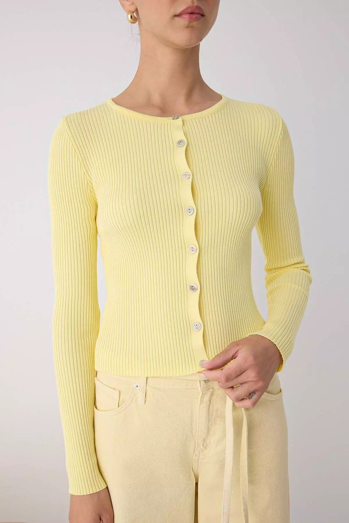 Yellow Mercerized Look Ribbed Knitwear Cardigan