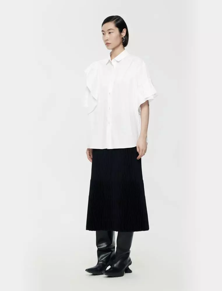 Ruffle Trim Polo Collar Short Sleeve Shirt