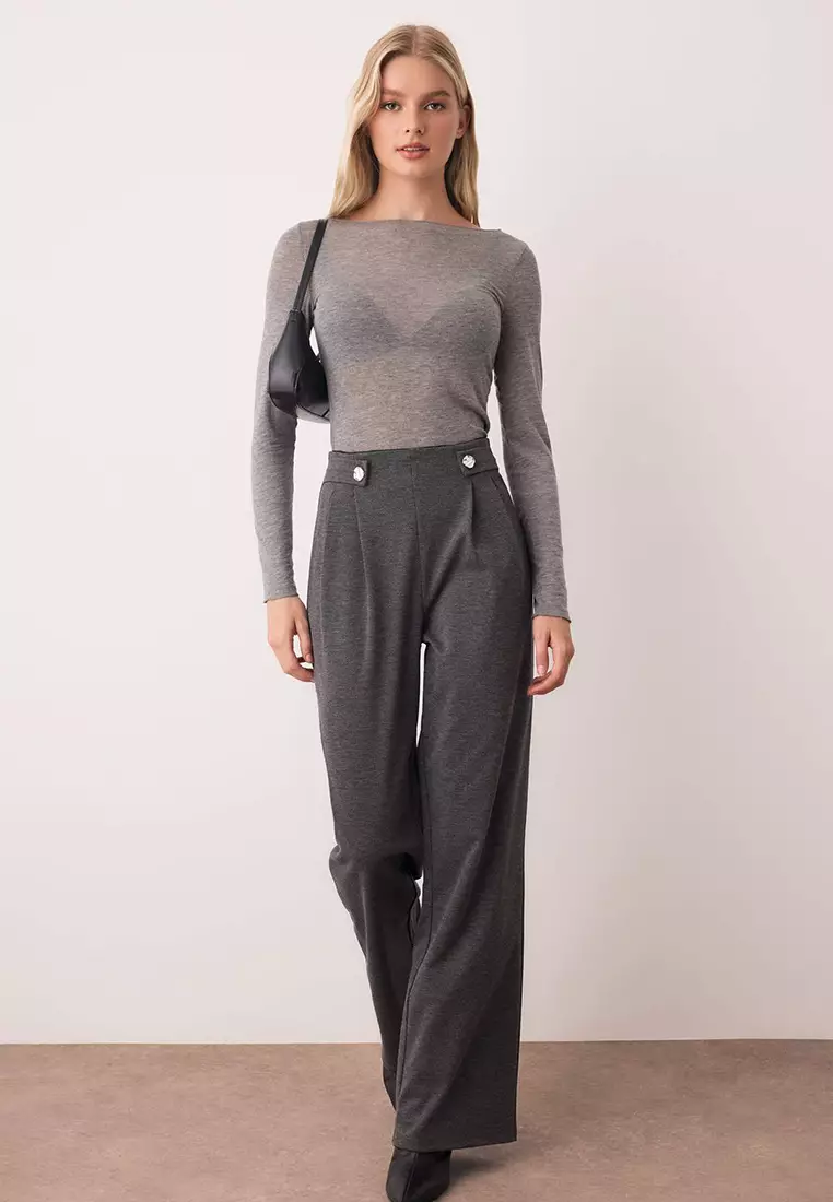 Anthracite Diagonal Pleated Buttoned Wide Leg Knitted Trousers