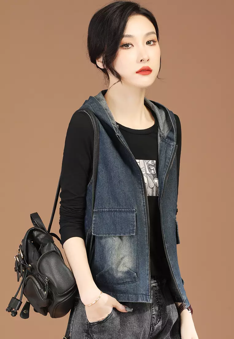 Sleeveless Denim Denim Vest Vest Jacket With Hoodie Buy A-IN GIRLS