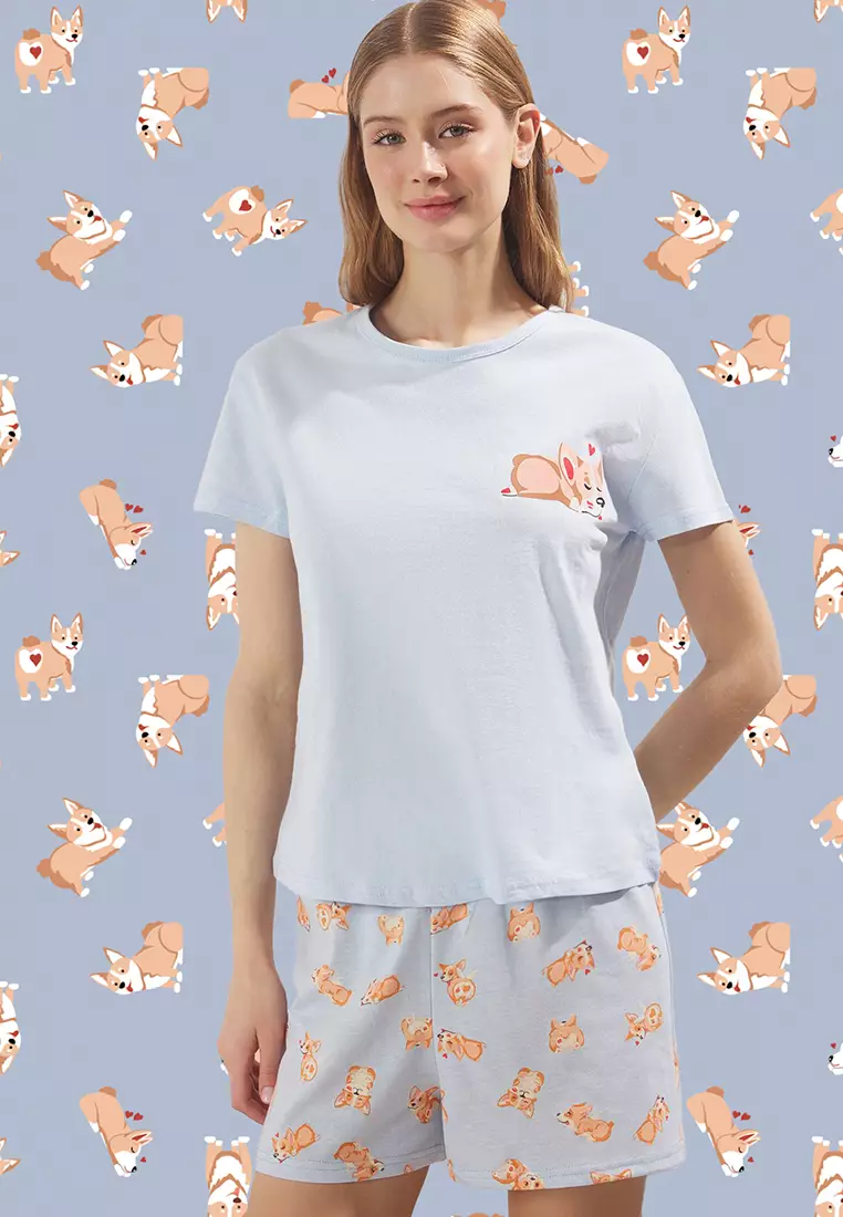 Blue Animal Patterned Knitted Pajama Set with Shorts THMSS24PT00198