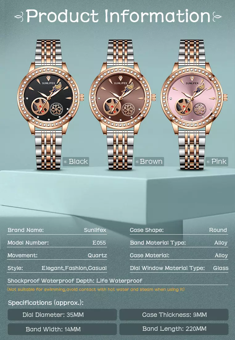 Jam Tangan Wanita E055 Korea Mewah Kuarsa Bercahaya Tali Paduan Jam Tangan Cewek Original brown