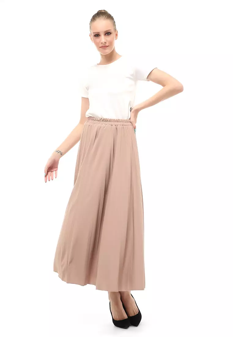 Skirt Plisket Bawahan Wanita Motif Polos Relaxed Fit - Choco