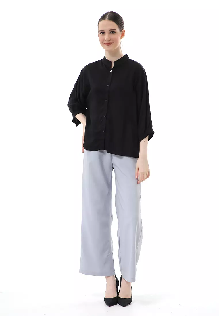 Ghita Kemeja Atasan Wanita Motif Polos Long Sleeve High Quality - Hitam
