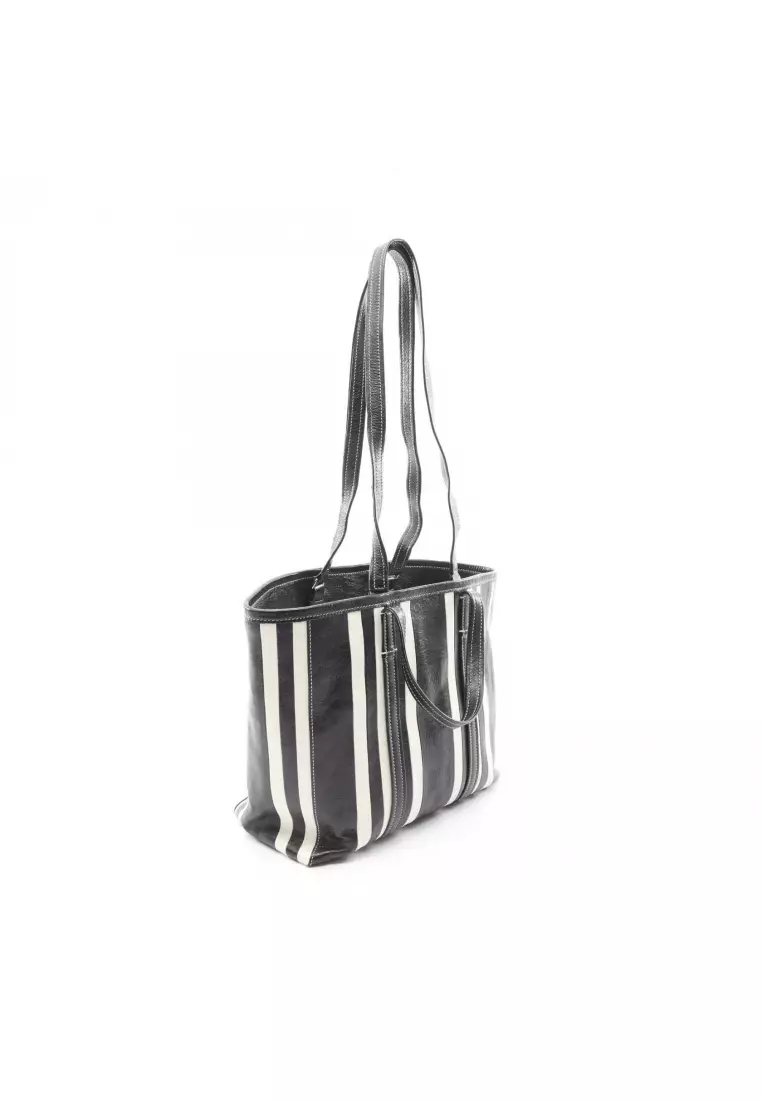 Pre-Loved BALENCIAGA BARBES E/W SHOPPER Shoulder bag tote bag stripe leather black white 2WAY