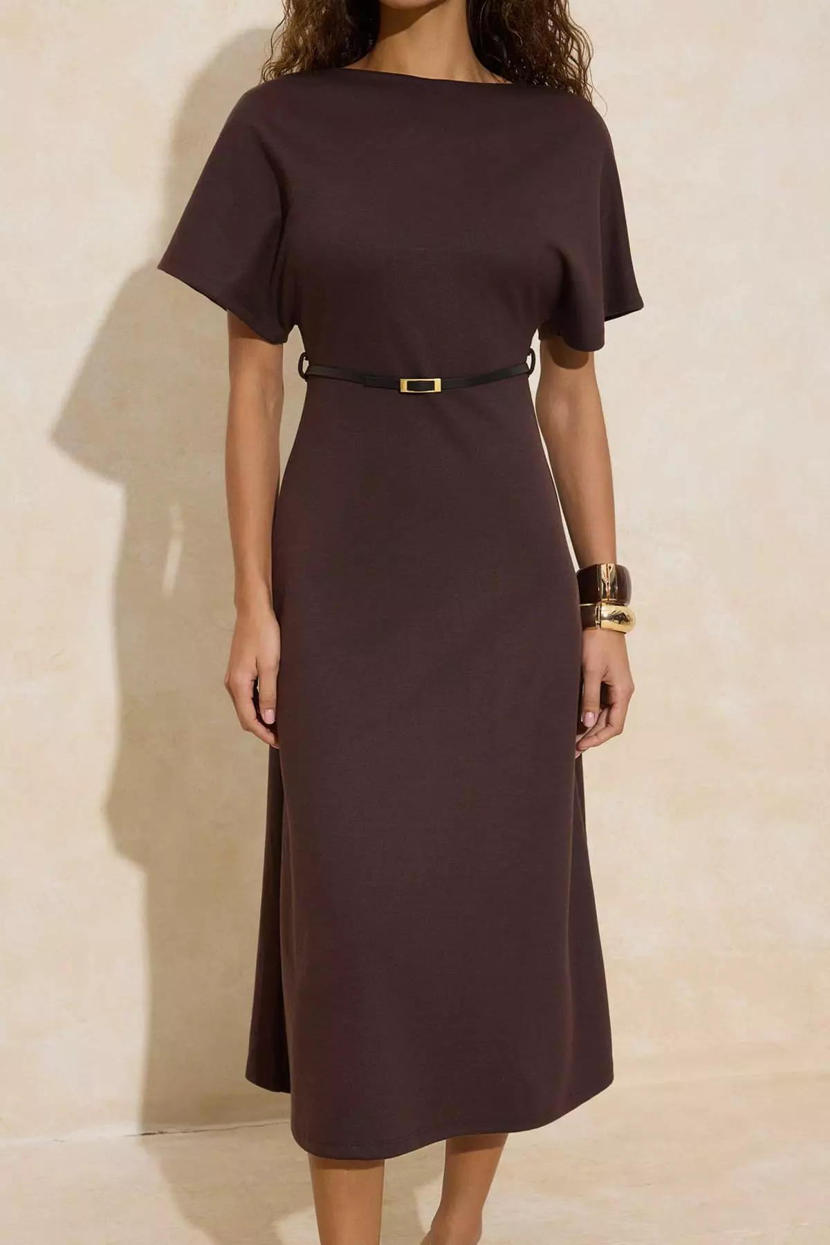 Brown A-Line/Column Boat Neck Short Sleeve Belted Midi Interlock Knitted Dress Twoss26El17
