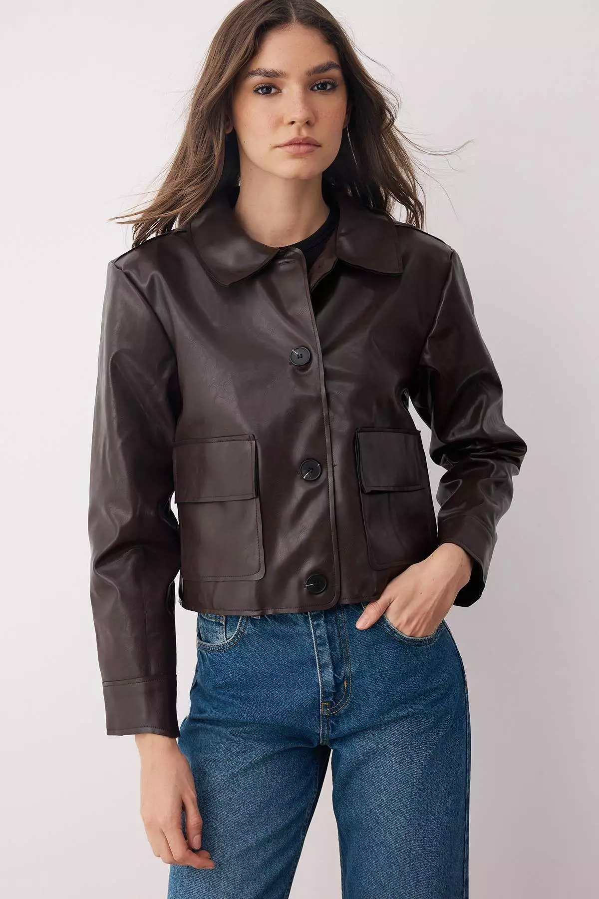 Dark Brown Faux Leather Shirt Collar Woven Jacket Twoaw26Ce00008