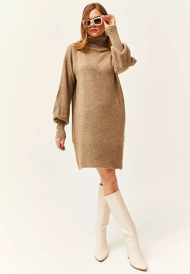Turtleneck Raglan Sleeves Mini Dress